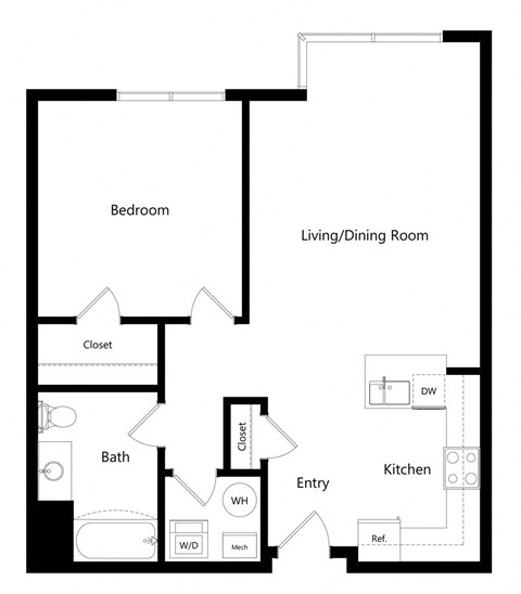 the one-bedroom Fresno floor plan at Midtown Crossing Apartments in Omaha, NE